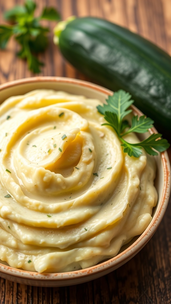 A bowl of creamy mashed zucchini garnished with herbs on a rustic table.